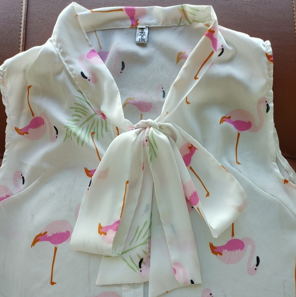 Flamingo Tie-Front Button-Up Blouse - White and Pink - Size Small - Picture 3 of 6